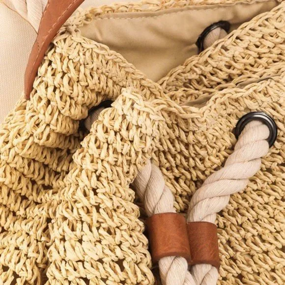 NWT Boho Beach Raffia Woven Rope Backpack - Picture 3 of 11